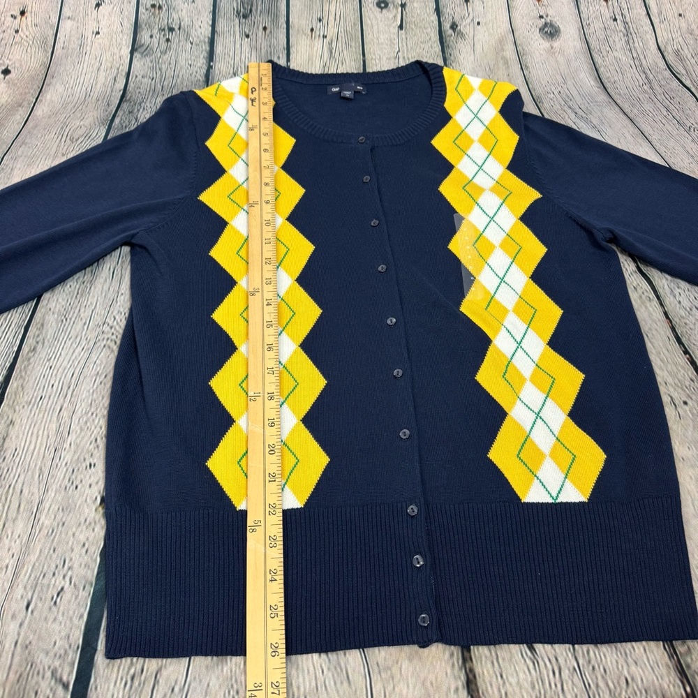 Gap NWOT Navy Button Down Caridigan Yellow Green Argyle Diamond Y2K Preppy Sz XL - Picture 7 of 12